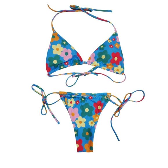 Floral Print Triangle Bikini Set Womens Adjustable Tie Straps Size M Swimsuit - Picture 1 of 5